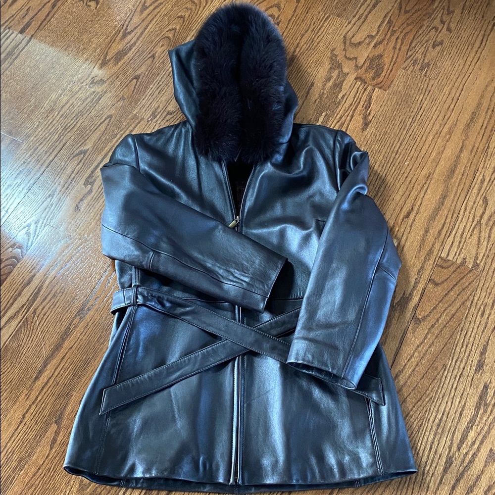 Marvin Richards Brown Leather Hooded Coat with Fur Trim